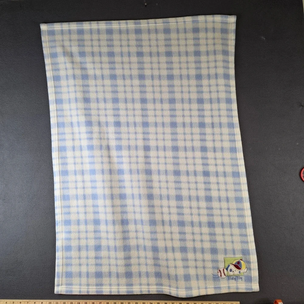 Baby‎ Connection Blue White Plaid Fleece Baby Blanket Baseball Dog PRE-LOVED